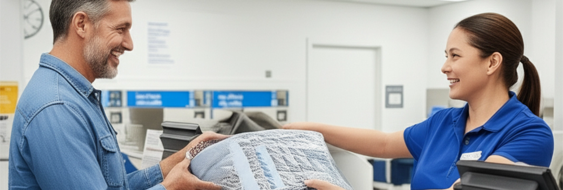 Man In Denim Shirt Picking Up Blankets At Wash And Fold 1920X650